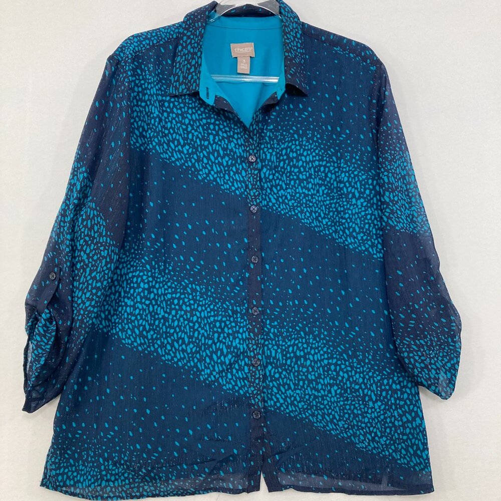 Chico's Top Button Up size XL/3 Blue Polka Dot Abstract Rolled Sleeve Office